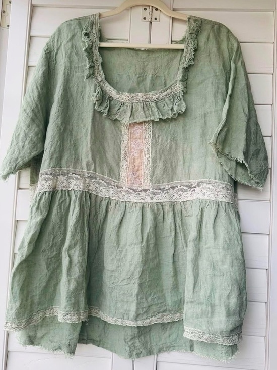 Magnolia Pearl Tops - Magnolia Pearl Love Collection Green Linen Top